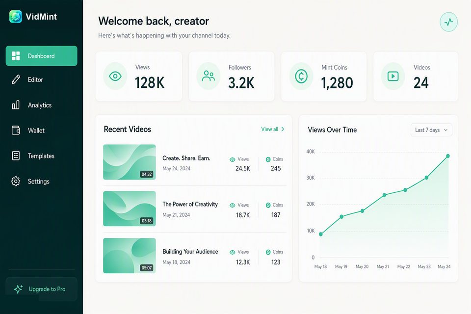 Painel de criador do VidMint web num navegador de desktop – projetos, estatísticas de mint e rascunhos