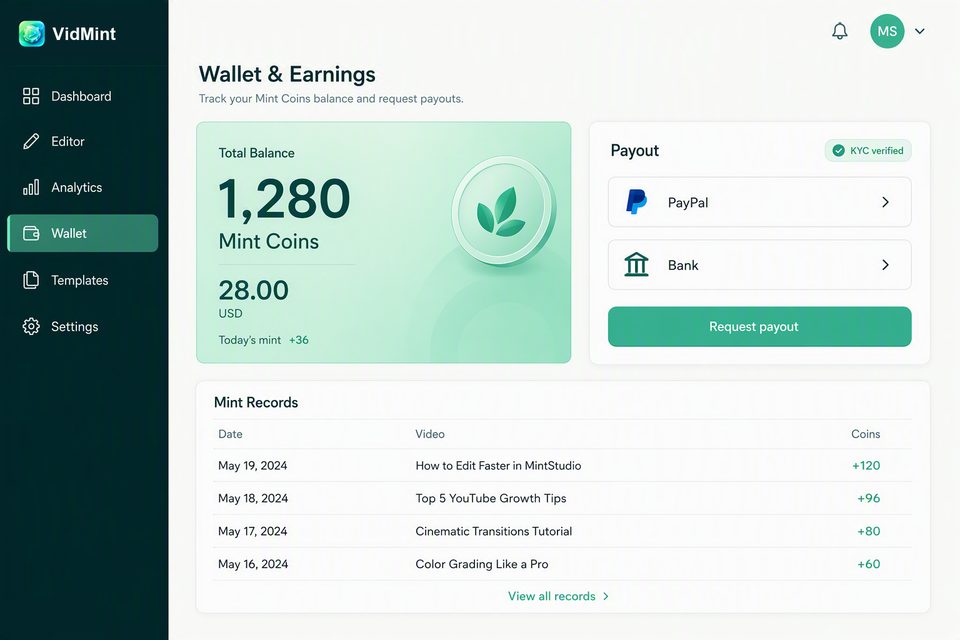 Carteira web do VidMint para saque de Mint Rewards no desktop