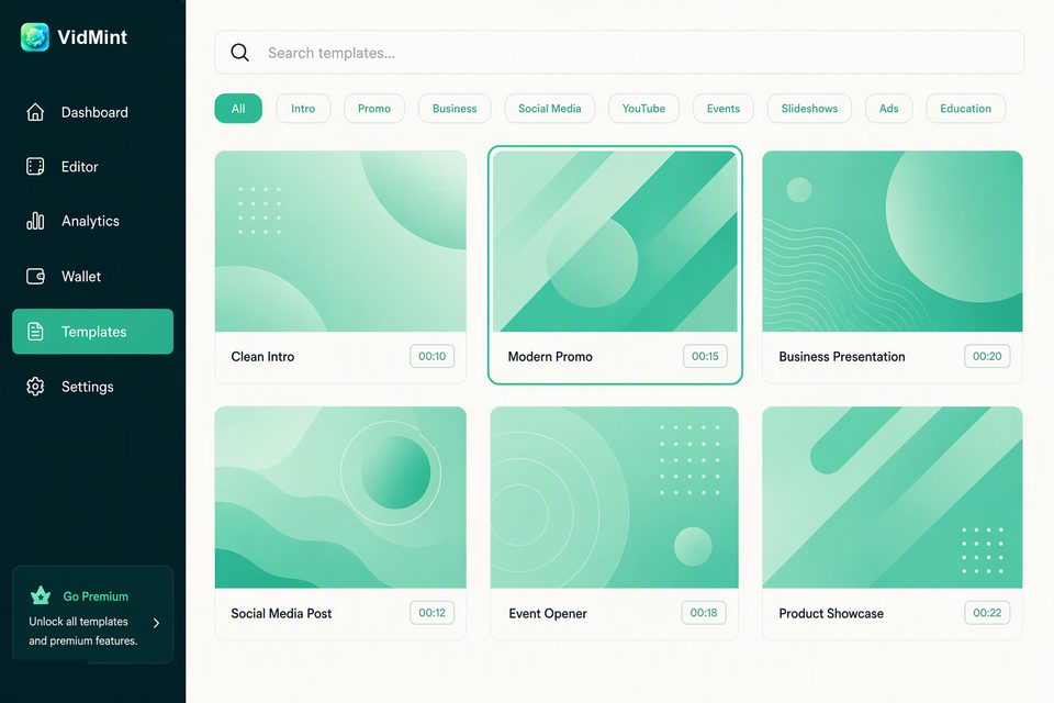 Biblioteca de modelos de formatos de vídeo curto do VidMint no navegador desktop