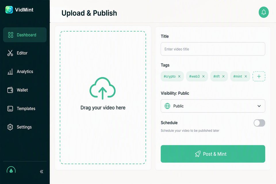 Página web de upload e publicação do VidMint para postar vídeos curtos pelo desktop