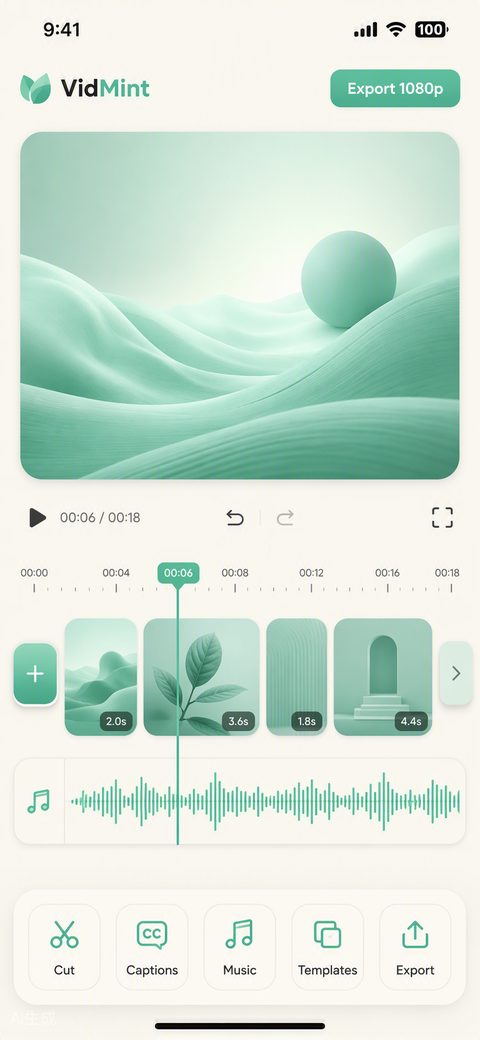 Linha do tempo do editor de vídeo com IA do VidMint, com ferramentas de edição de vídeos curtos em um toque